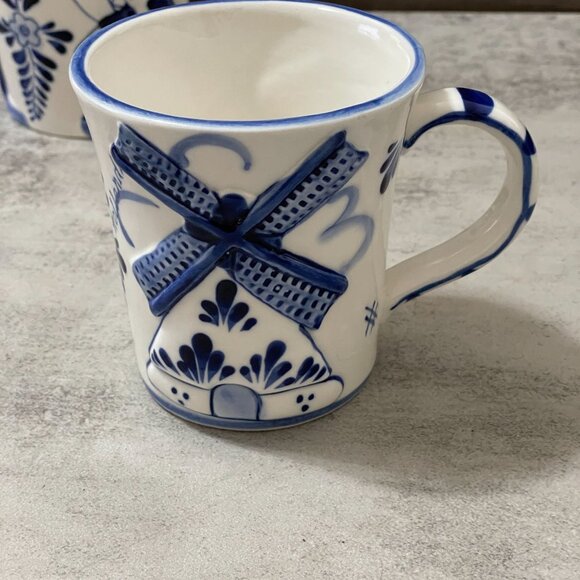 Vintage Blue Delft Deco Hand Painted Raised Relief Children Windmill Mugs Set/2 - Picture 5 of 10